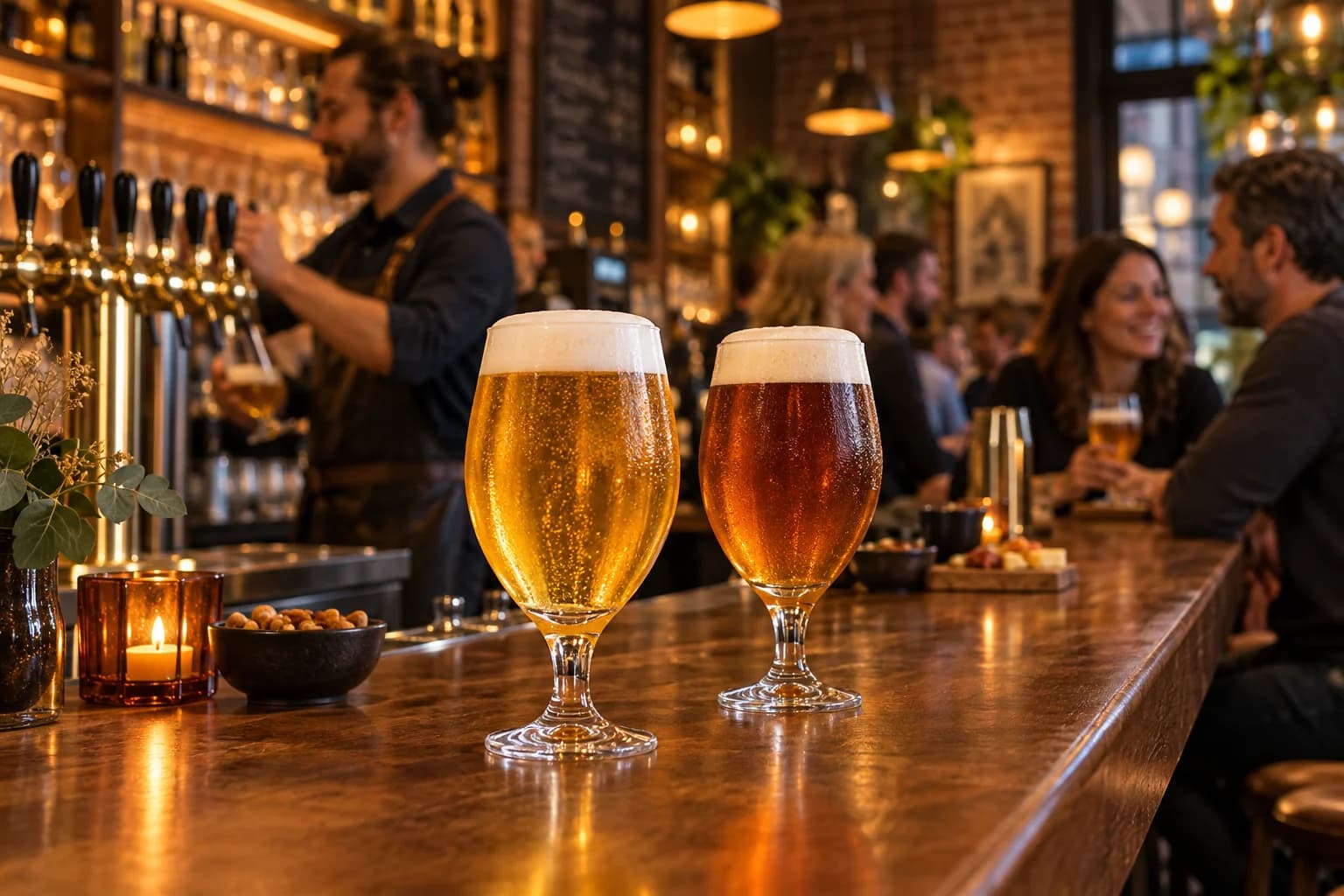 Deux verres de bière sur le comptoir d’un bar chaleureux